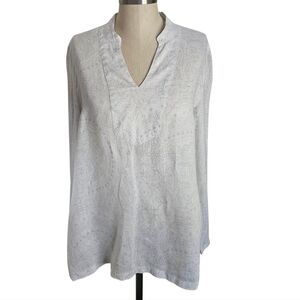 SIGRID OLSEN Medallion Pattern Split Neck Linen Tunic | SZ M